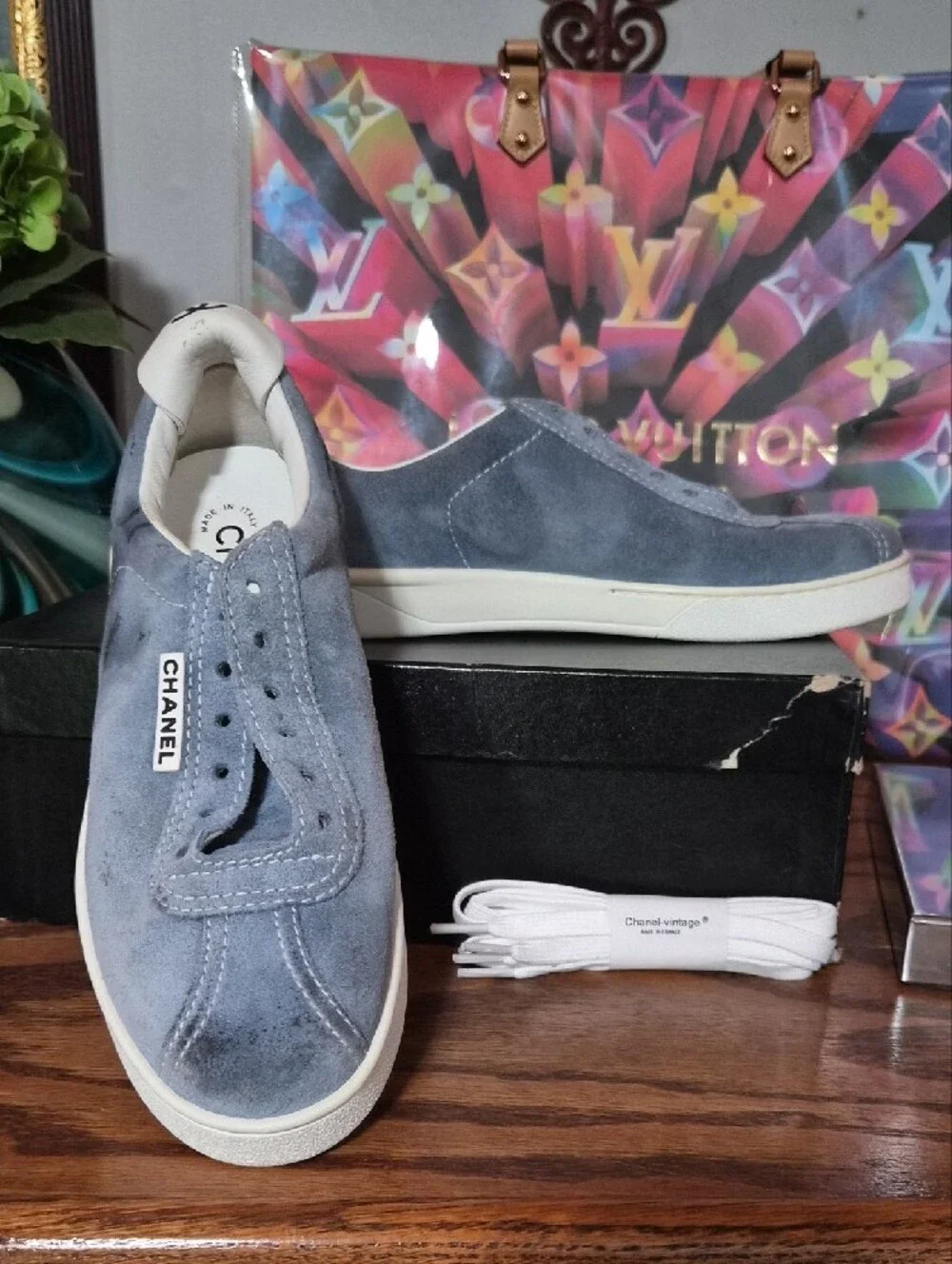 Chanel Women's Suede Low-Top Sneakers in Slate Blue